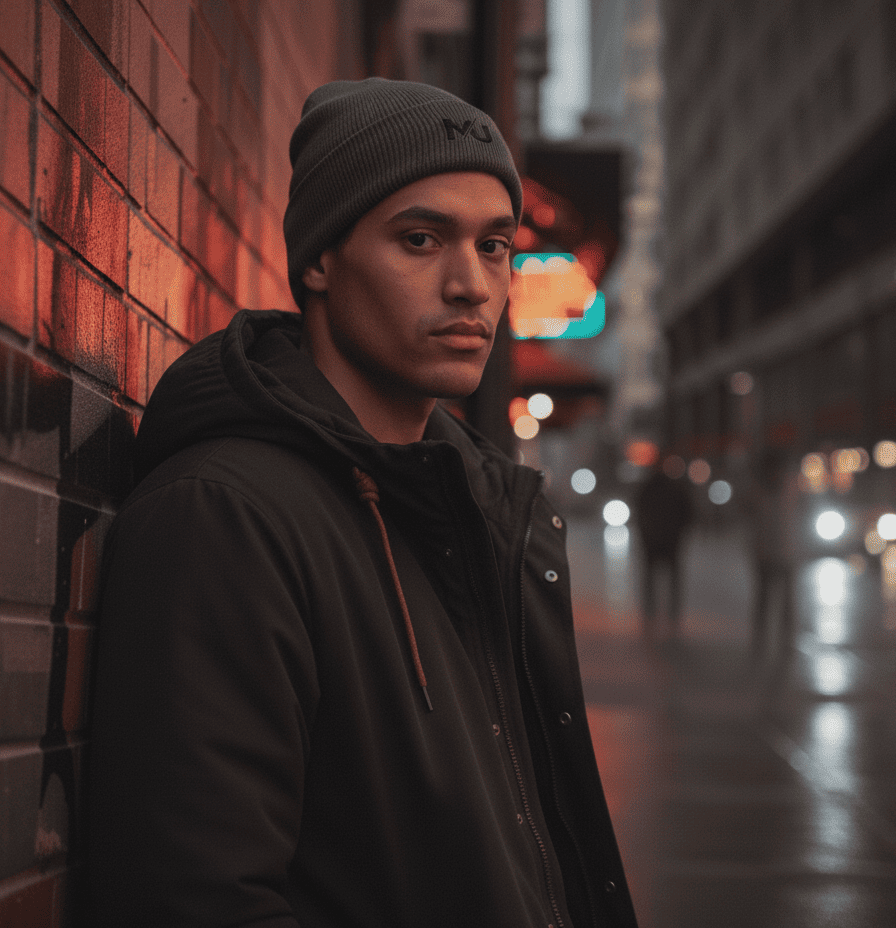 Gorro de punto MILLE DOCKER de color gris oscuro con logo. Un modelo vistiéndolo en una calle urbana por la noche.