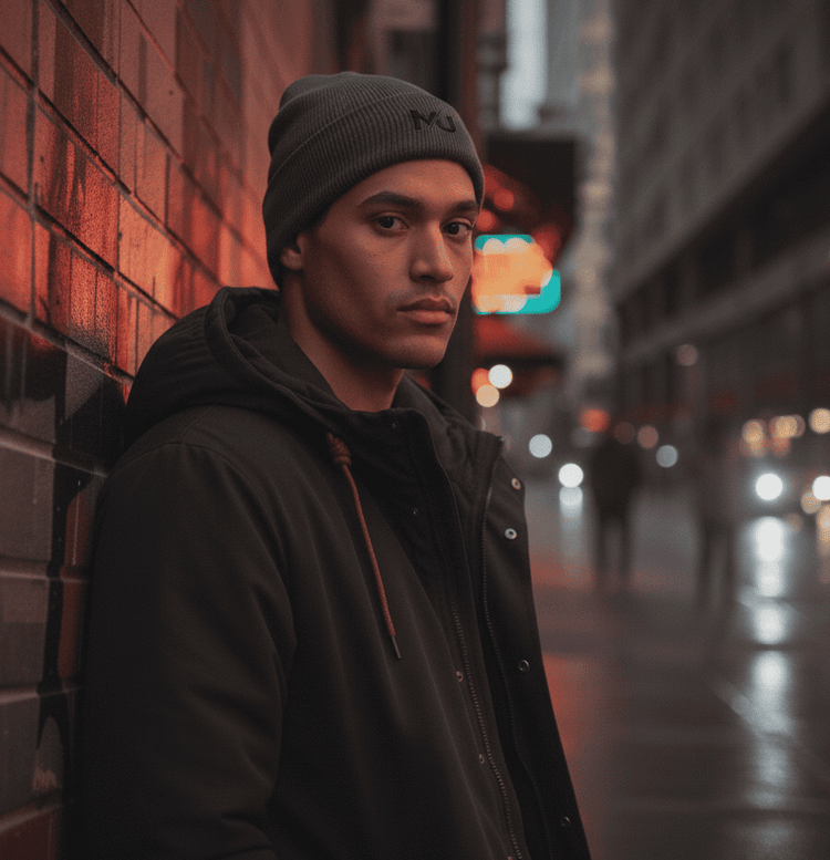 Gorro de punto MILLE DOCKER de color gris oscuro con logo. Un modelo vistiéndolo en una calle urbana por la noche.