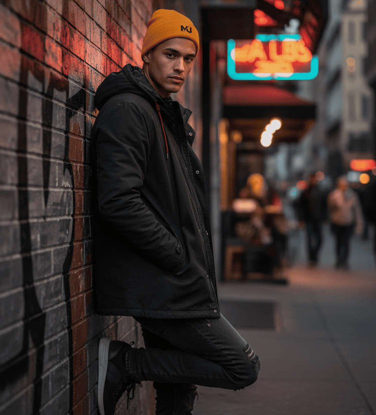Gorro de punto MILLE DOCKER de color mostaza con logo. Vista de cuerpo completo de un modelo vistiéndolo en una calle urbana por la noche.