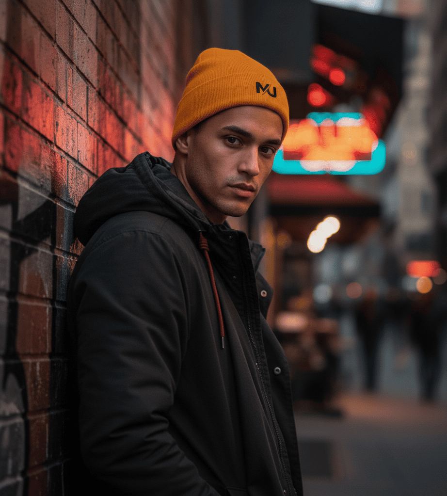 Gorro de punto MILLE DOCKER de color mostaza con logo. Un modelo vistiéndolo en una calle urbana por la noche.