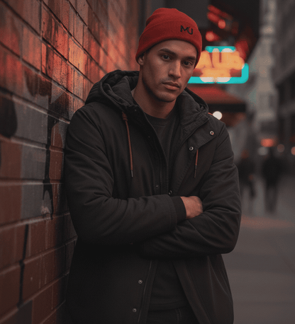 Gorro de punto MILLE DOCKER de color rojo con logo. Un modelo con los brazos cruzados vistiéndolo en una calle urbana por la noche.