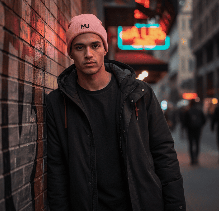 Gorro de punto MILLE DOCKER de color rosa con logo. Un modelo vistiéndolo en una calle urbana por la noche.