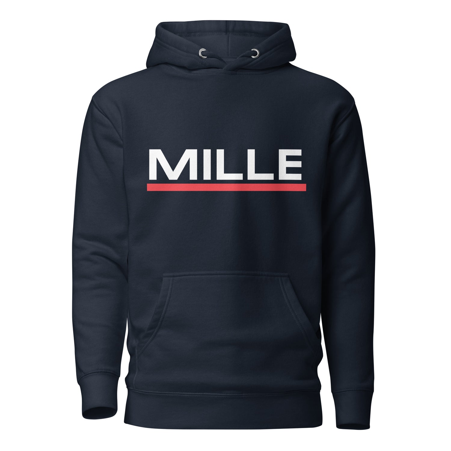 Sudadera con capucha MILLE ACENTO de color azul marino con logo MILLE en blanco con una línea roja debajo en el pecho. Vista frontal.