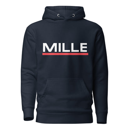Sudadera con capucha MILLE ACENTO de color azul marino con logo MILLE en blanco con una línea roja debajo en el pecho. Vista frontal.