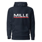 Sudadera con capucha MILLE ACENTO de color azul marino con logo MILLE en blanco con una línea roja debajo en el pecho. Vista frontal.