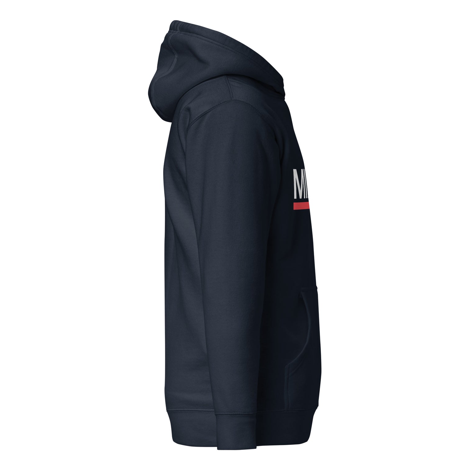 Sudadera con capucha MILLE ACENTO de color azul marino con logo MILLE en blanco con una línea roja debajo en el pecho. Vista del perfil derecho.