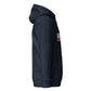 Sudadera con capucha MILLE ACENTO de color azul marino con logo MILLE en blanco con una línea roja debajo en el pecho. Vista del perfil derecho.