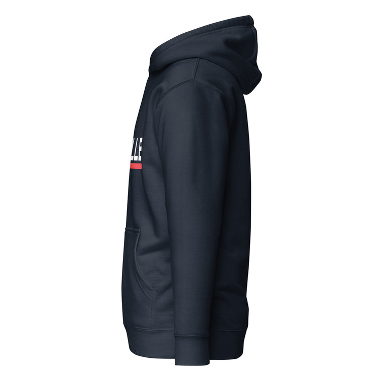 Sudadera con capucha MILLE ACENTO de color azul marino con logo MILLE en blanco con una línea roja debajo en el pecho. Vista del perfil izquierdo.