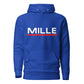 Sudadera con capucha MILLE ACENTO de color azul royal con logo MILLE en blanco con una línea roja debajo en el pecho. Vista frontal.