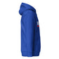 Sudadera con capucha MILLE ACENTO de color azul royal con logo MILLE en blanco con una línea roja debajo en el pecho. Vista del perfil izquierdo.