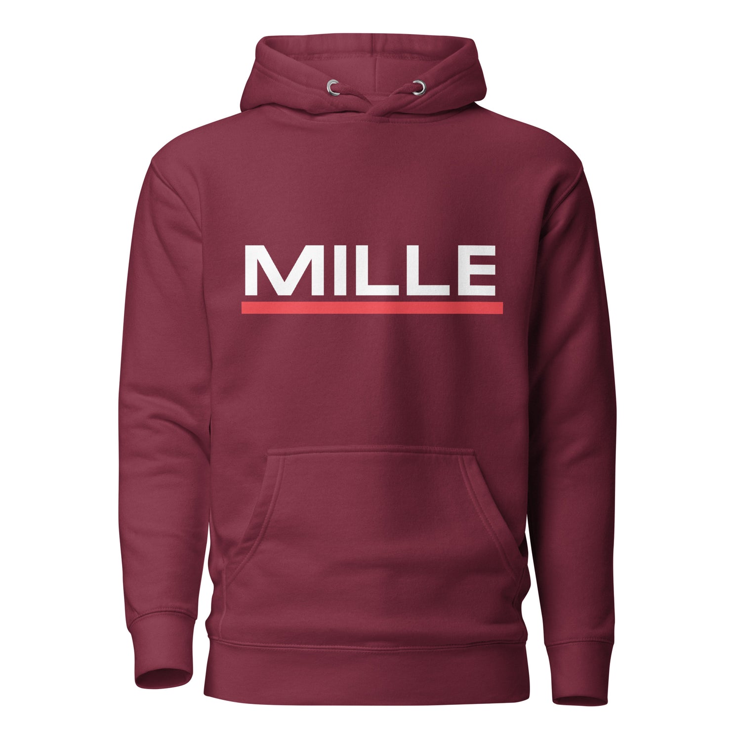 Sudadera con capucha MILLE ACENTO de color granate con logo MILLE en blanco con una línea roja debajo en el pecho. Vista frontal.
