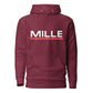 Sudadera con capucha MILLE ACENTO de color granate con logo MILLE en blanco con una línea roja debajo en el pecho. Vista frontal.