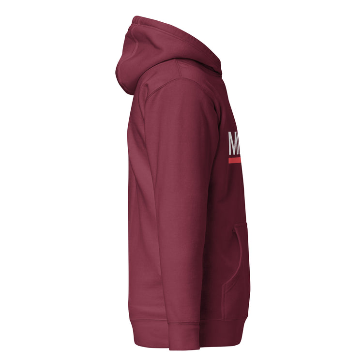 Sudadera con capucha MILLE ACENTO de color granate con logo MILLE en blanco con una línea roja debajo en el pecho. Vista del perfil derecho.