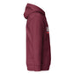 Sudadera con capucha MILLE ACENTO de color granate con logo MILLE en blanco con una línea roja debajo en el pecho. Vista del perfil derecho.