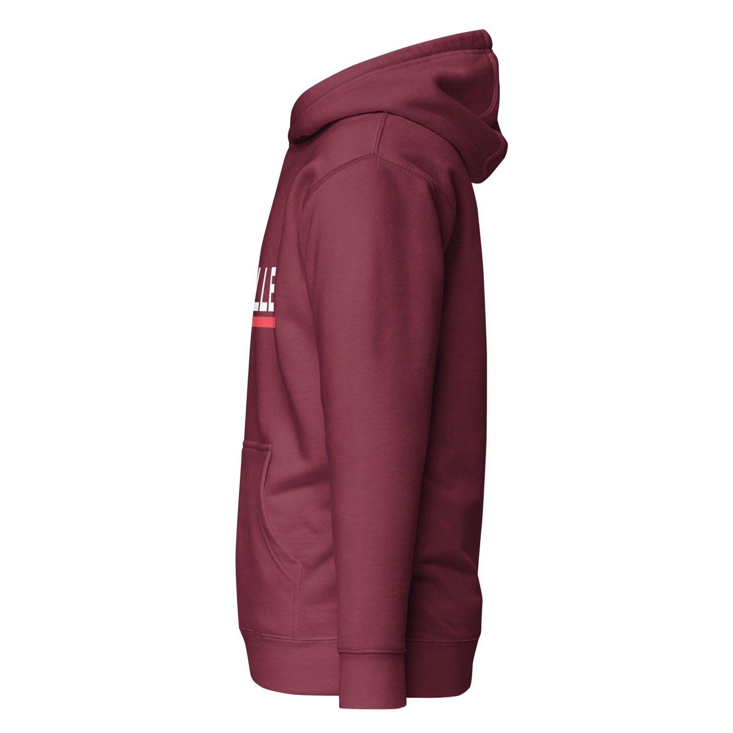 Sudadera con capucha MILLE ACENTO de color granate con logo MILLE en blanco con una línea roja debajo en el pecho. Vista del perfil izquierdo.