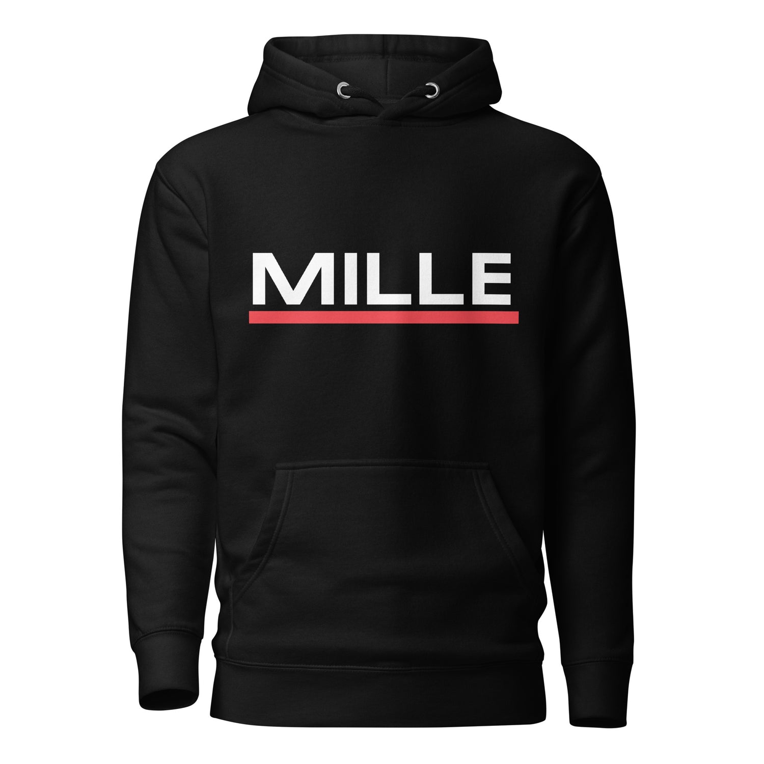 Sudadera con capucha MILLE ACENTO de color negro con logo MILLE en blanco con una línea roja debajo en el pecho. Vista frontal.