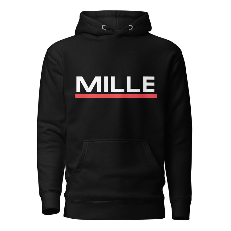 Sudadera con capucha MILLE ACENTO de color negro con logo MILLE en blanco con una línea roja debajo en el pecho. Vista frontal.