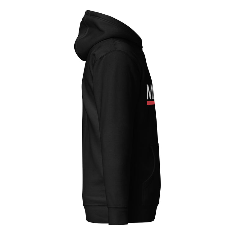 Sudadera con capucha MILLE ACENTO de color negro con logo MILLE en blanco con una línea roja debajo en el pecho. Vista del perfil derecho.