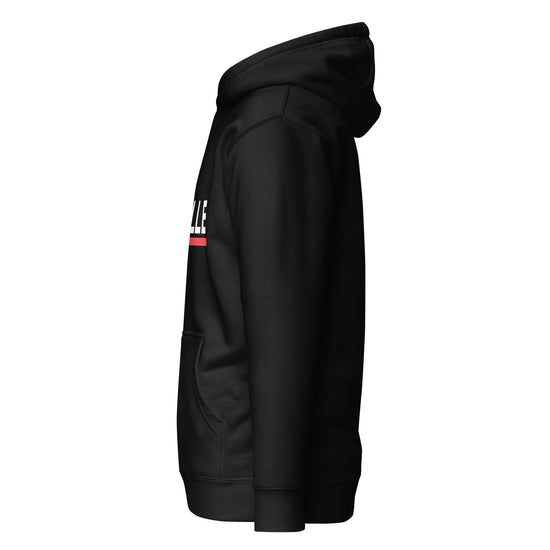 Sudadera con capucha MILLE ACENTO de color negro con logo MILLE en blanco con una línea roja debajo en el pecho. Vista del perfil izquierdo.