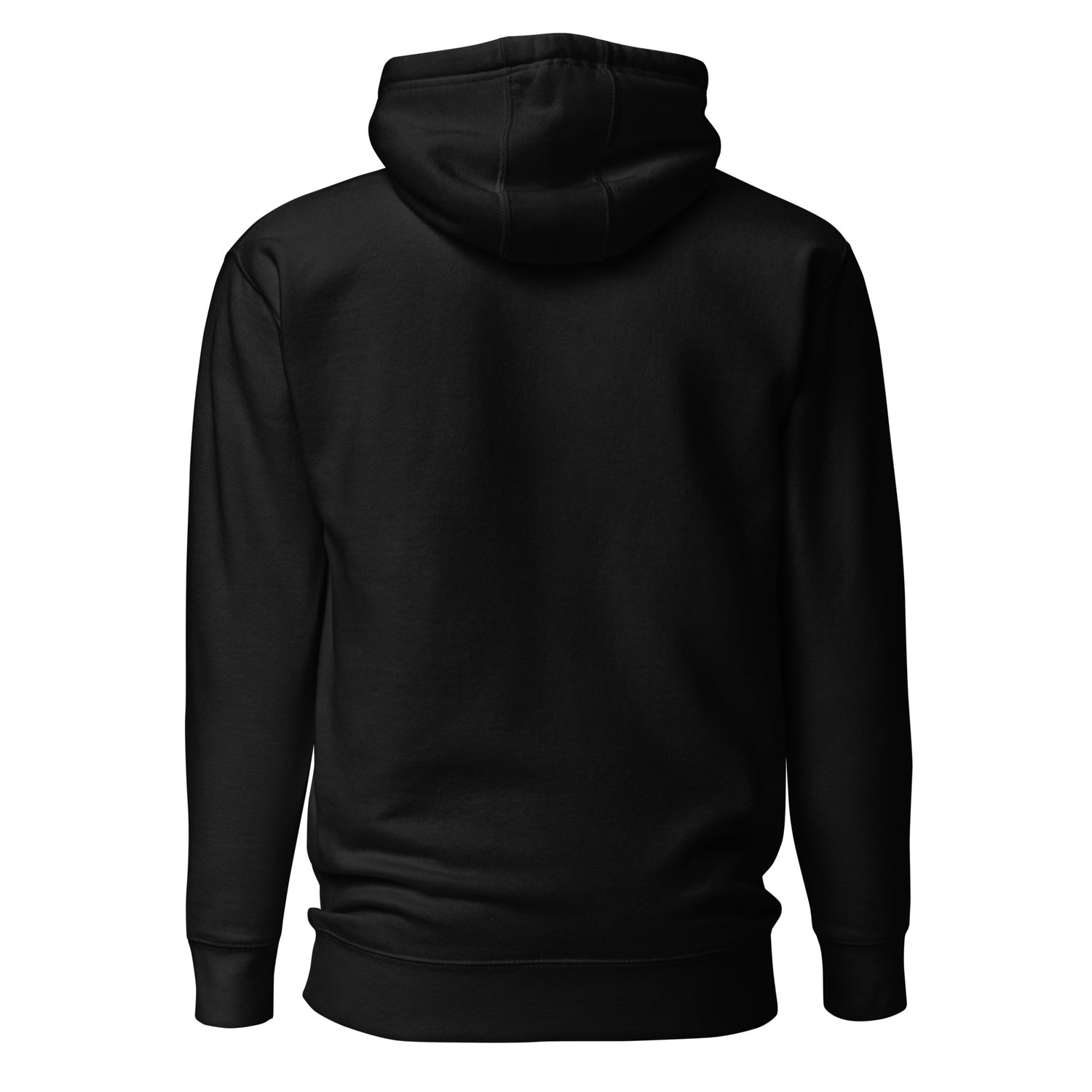Sudadera con capucha MILLE ACENTO de color negro sin diseño en la espalda. Vista trasera.mockup