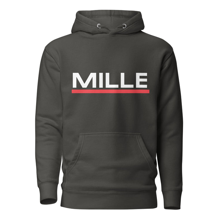 Sudadera con capucha MILLE ACENTO de color negro vintage con logo MILLE en blanco con una línea roja debajo en el pecho. Vista frontal.