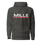 Sudadera con capucha MILLE ACENTO de color negro vintage con logo MILLE en blanco con una línea roja debajo en el pecho. Vista frontal.