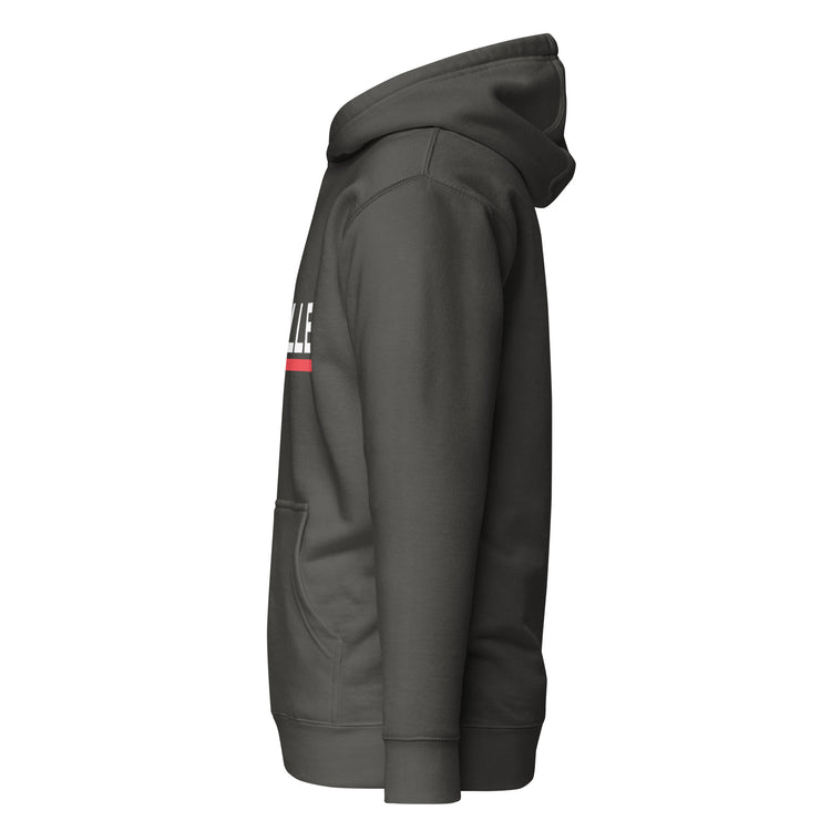 Sudadera con capucha MILLE ACENTO de color negro vintage con logo MILLE en blanco con una línea roja debajo en el pecho. Vista del perfil izquierdo.