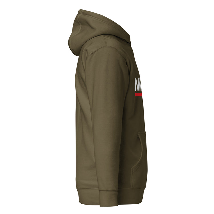 Sudadera con capucha MILLE ACENTO de color verde militar con logo MILLE en blanco con una línea roja debajo en el pecho. Vista del perfil derecho.