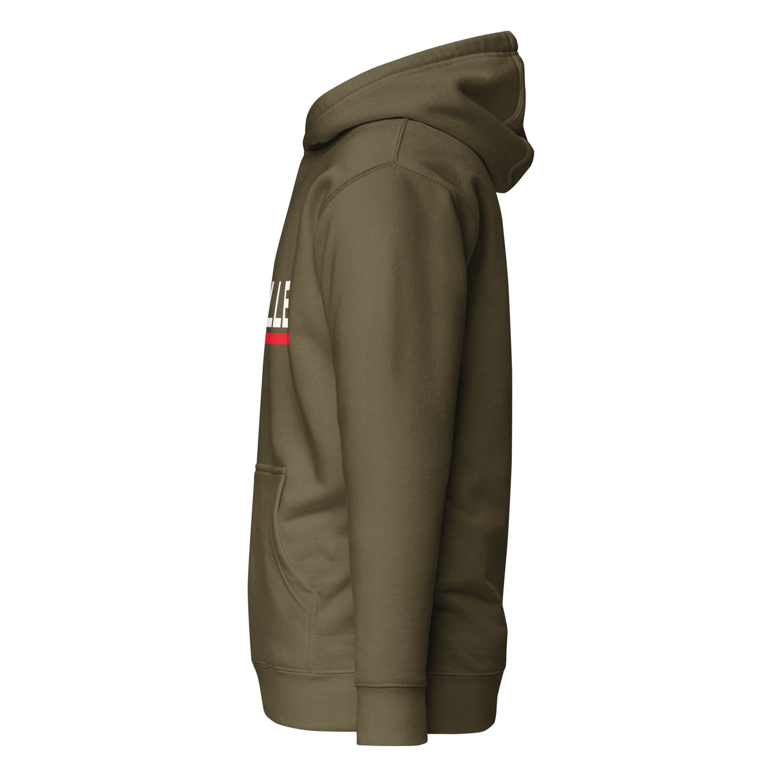 Sudadera con capucha MILLE ACENTO de color verde militar con logo MILLE en blanco con una línea roja debajo en el pecho. Vista del perfil izquierdo.