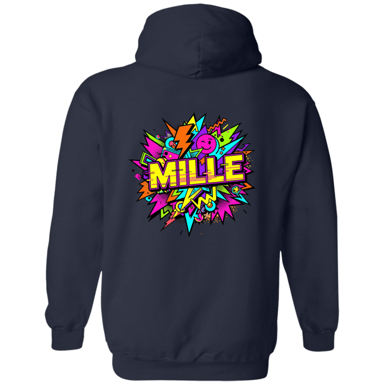 Sudadera con capucha MILLE FEST de color azul marino con un diseño gráfico colorido de estilo comic en la espalda. Vista trasera.