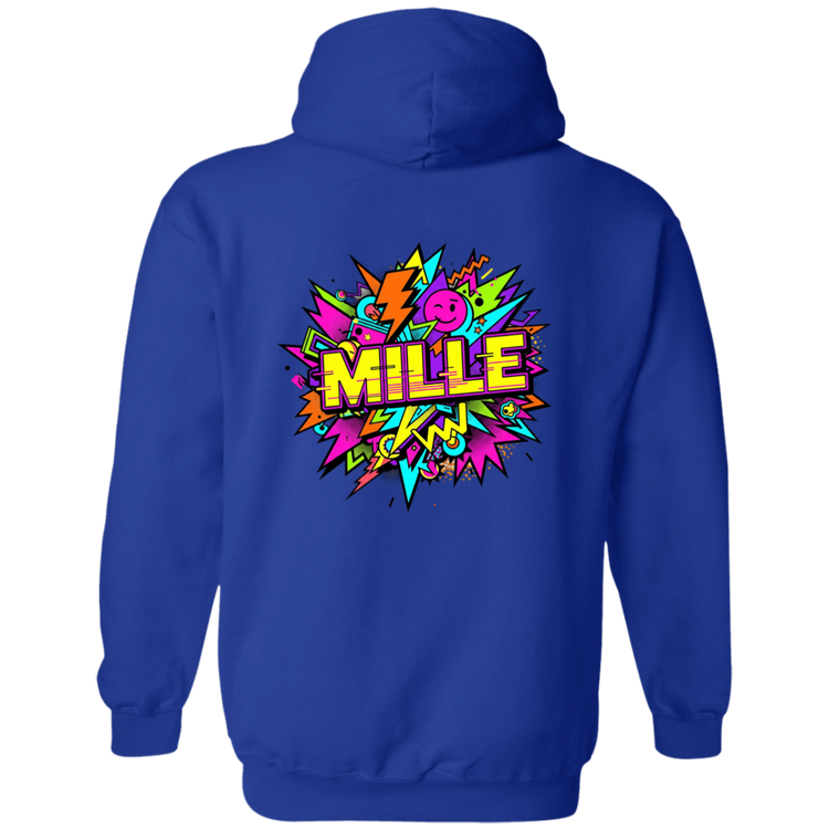 Sudadera con capucha MILLE FEST de color azul rey con un diseño gráfico colorido de estilo comic en la espalda. Vista trasera.