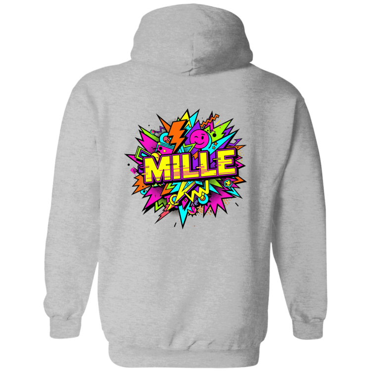 Sudadera con capucha MILLE FEST de color gris con un diseño gráfico colorido de estilo comic en la espalda. Vista trasera.