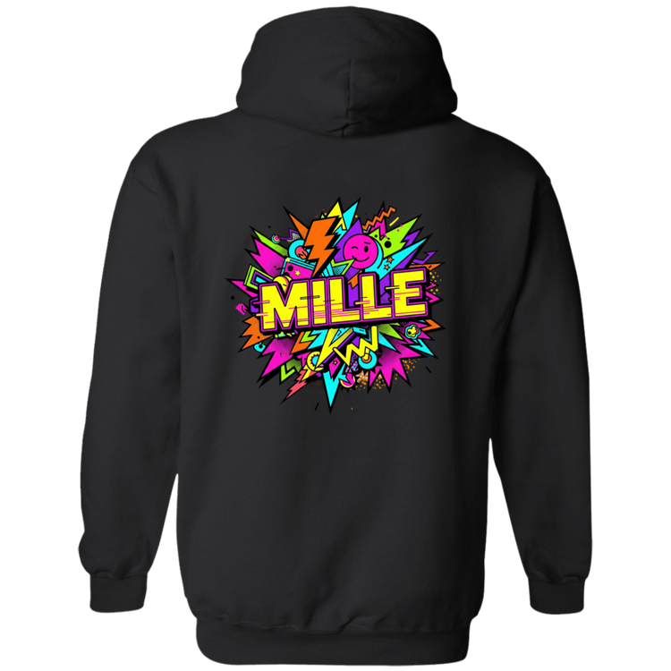 Sudadera con capucha MILLE FEST de color negro con un diseño gráfico colorido de estilo comic en la espalda. Vista trasera.