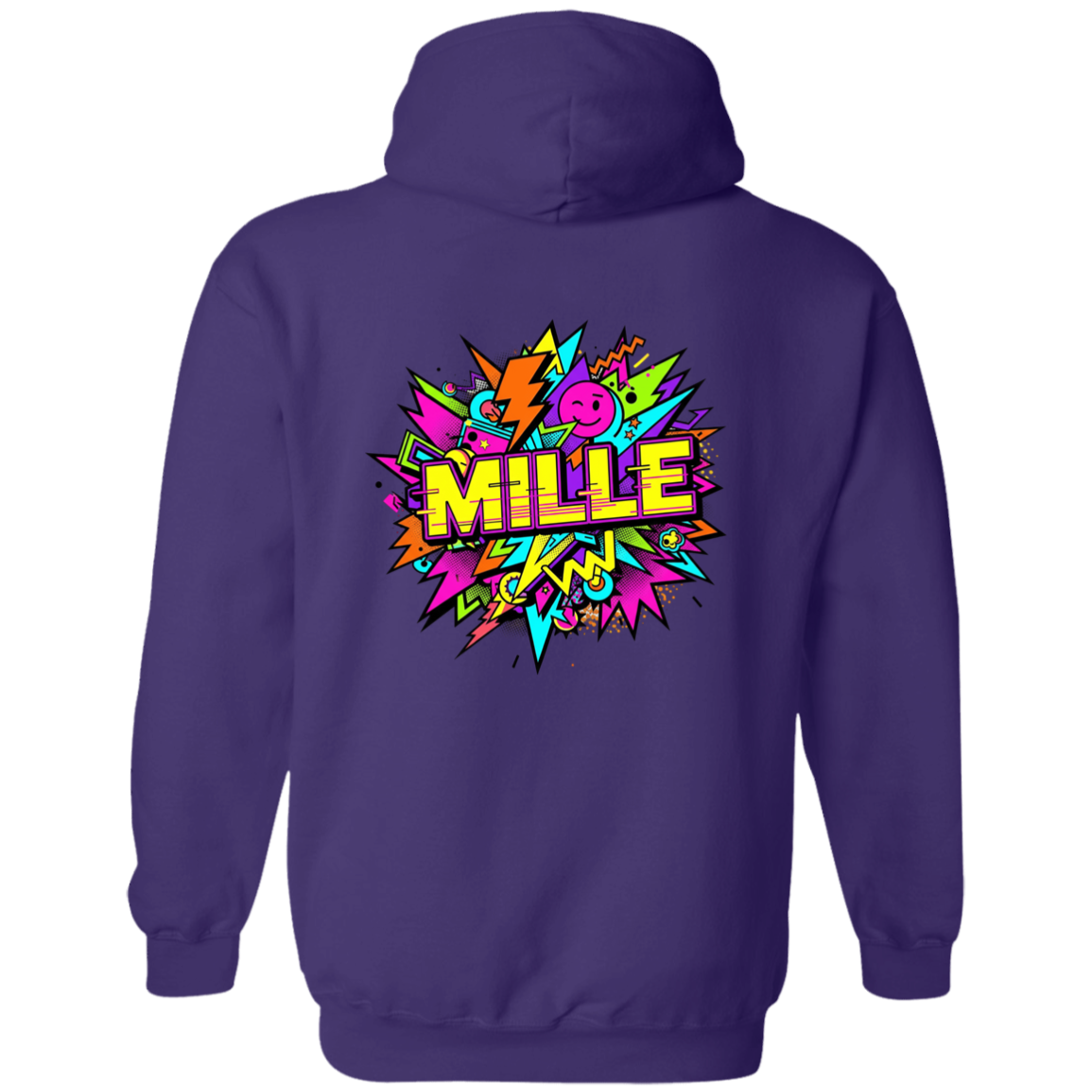 Sudadera con capucha MILLE FEST de color púrpura con un diseño gráfico colorido de estilo comic en la espalda. Vista trasera.