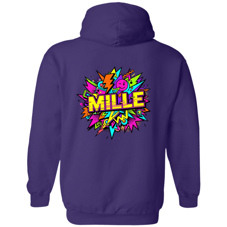 Sudadera con capucha MILLE FEST de color púrpura con un diseño gráfico colorido de estilo comic en la espalda. Vista trasera.