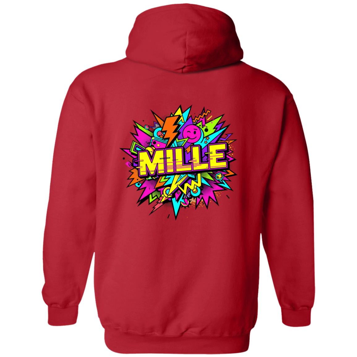 Sudadera con capucha MILLE FEST de color rojo con un diseño gráfico colorido de estilo comic en la espalda. Vista trasera.