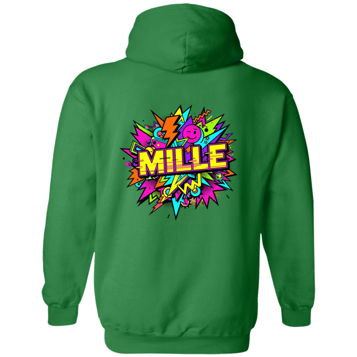 Sudadera con capucha MILLE FEST de color verde irlandés con un diseño gráfico colorido de estilo comic en la espalda. Vista trasera.