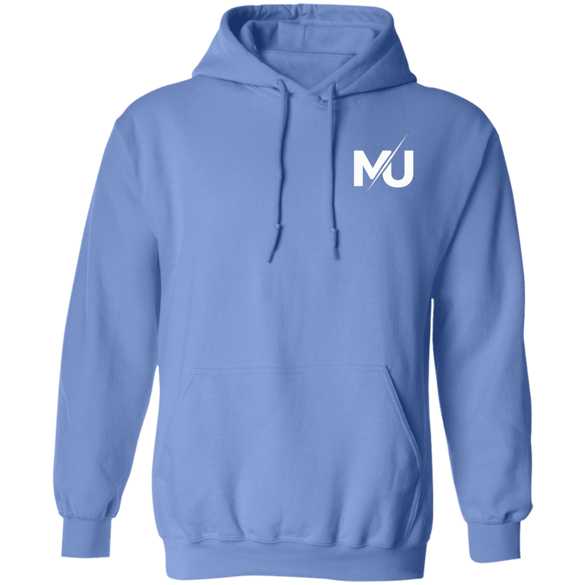 Sudadera con capucha MILLE KAIROS de color azul carolina con logo en el pecho. Vista frontal.