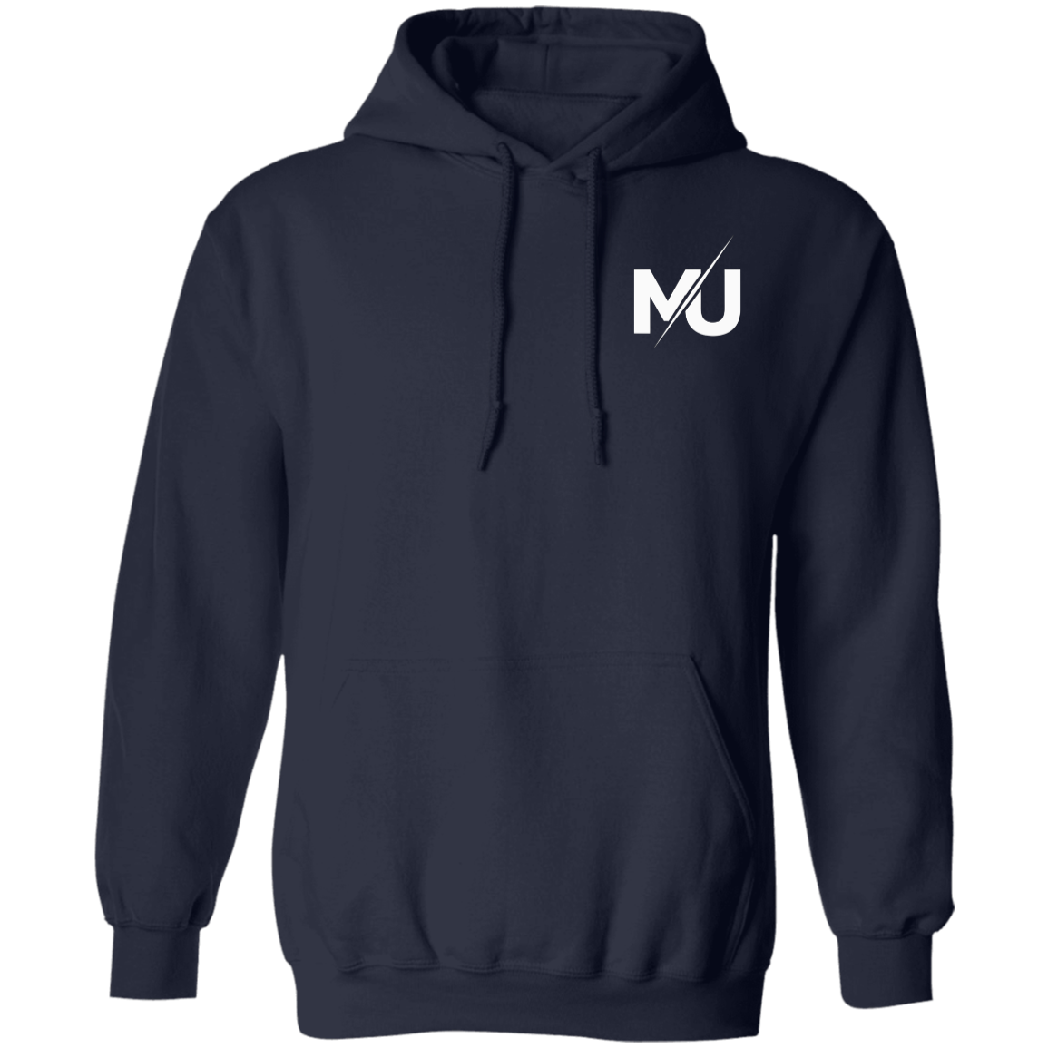 Sudadera con capucha MILLE KAIROS de color azul marino con logo en el pecho. Vista frontal.