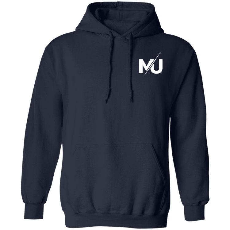 Sudadera con capucha MILLE KAIROS de color azul marino con logo en el pecho. Vista frontal.
