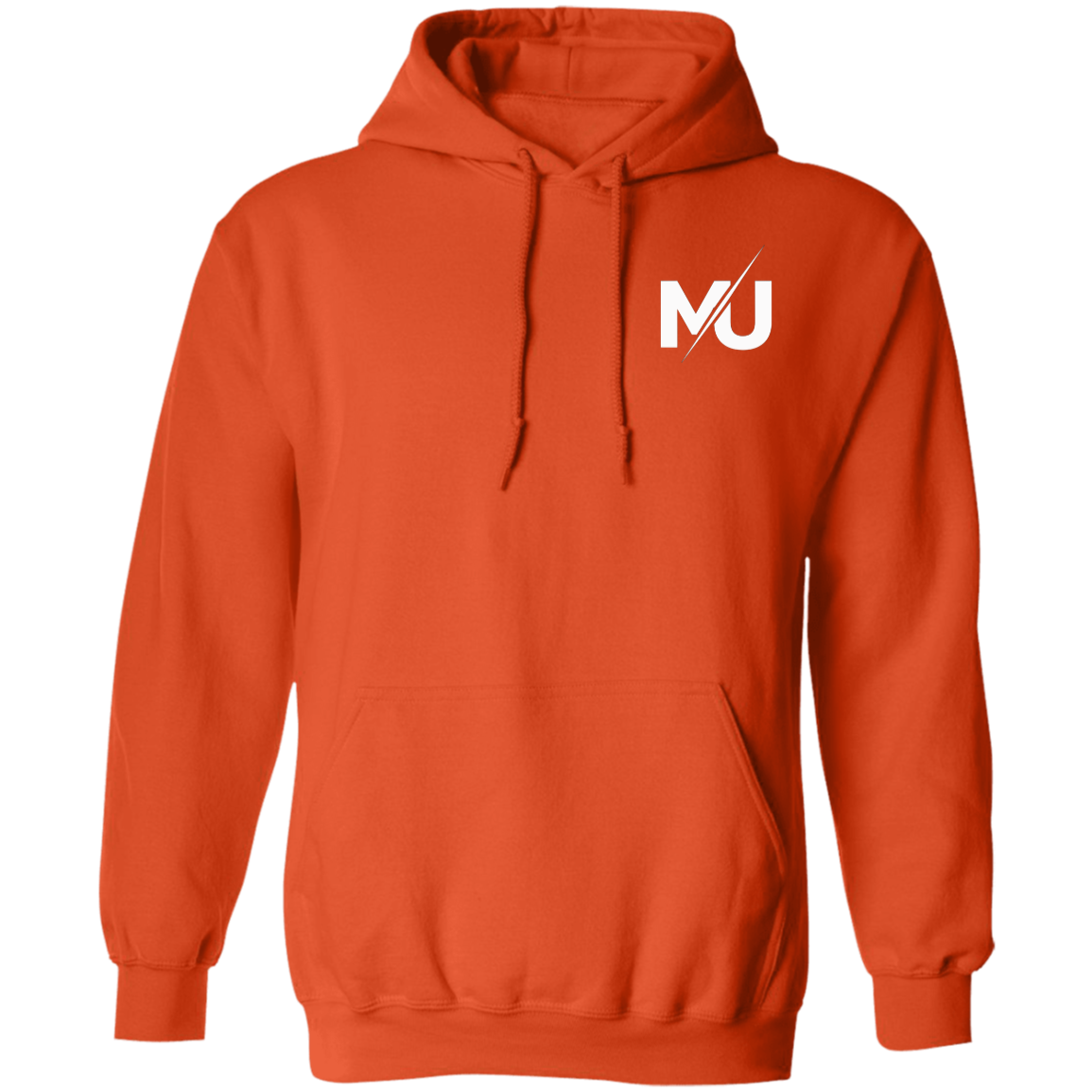 Sudadera con capucha MILLE KAIROS de color naranja con logo en el pecho. Vista frontal.