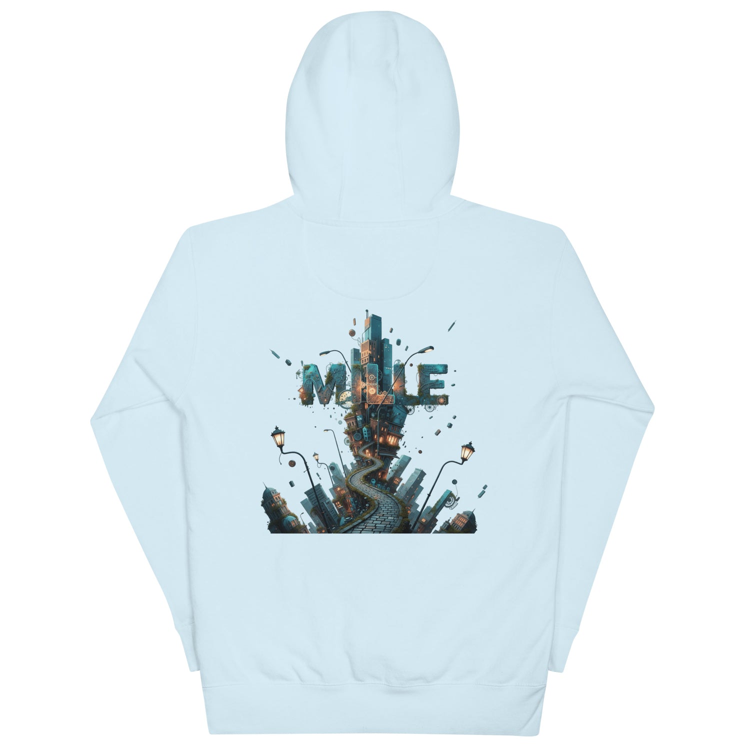Sudadera con capucha MILLE METROPOLIS de color azul claro con el diseño de una ciudad fantástica en la espalda. Vista trasera de la prenda.