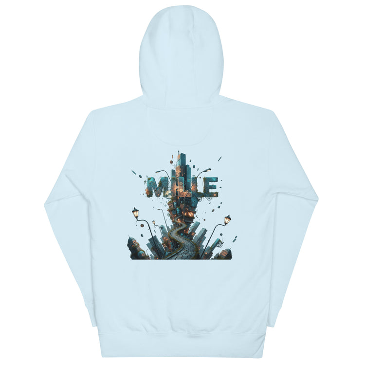 Sudadera con capucha MILLE METROPOLIS de color azul claro con el diseño de una ciudad fantástica en la espalda. Vista trasera de la prenda.