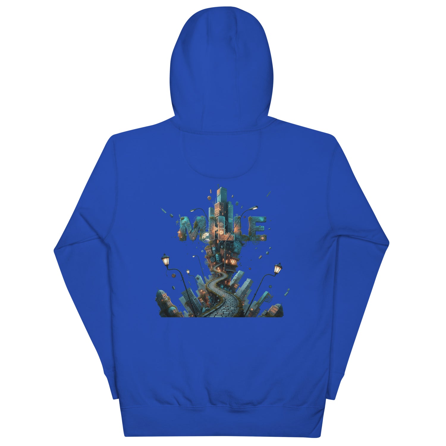 Sudadera con capucha MILLE METROPOLIS de color azul royal con el diseño de una ciudad fantástica en la espalda. Vista trasera del producto.