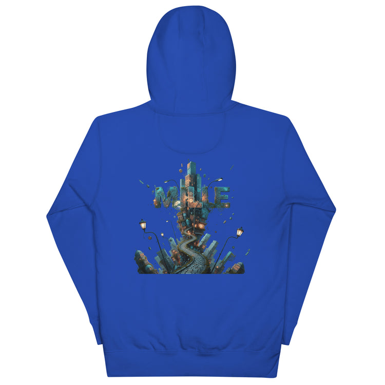 Sudadera con capucha MILLE METROPOLIS de color azul royal con el diseño de una ciudad fantástica en la espalda. Vista trasera del producto.