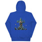 Sudadera con capucha MILLE METROPOLIS de color azul royal con el diseño de una ciudad fantástica en la espalda. Vista trasera del producto.