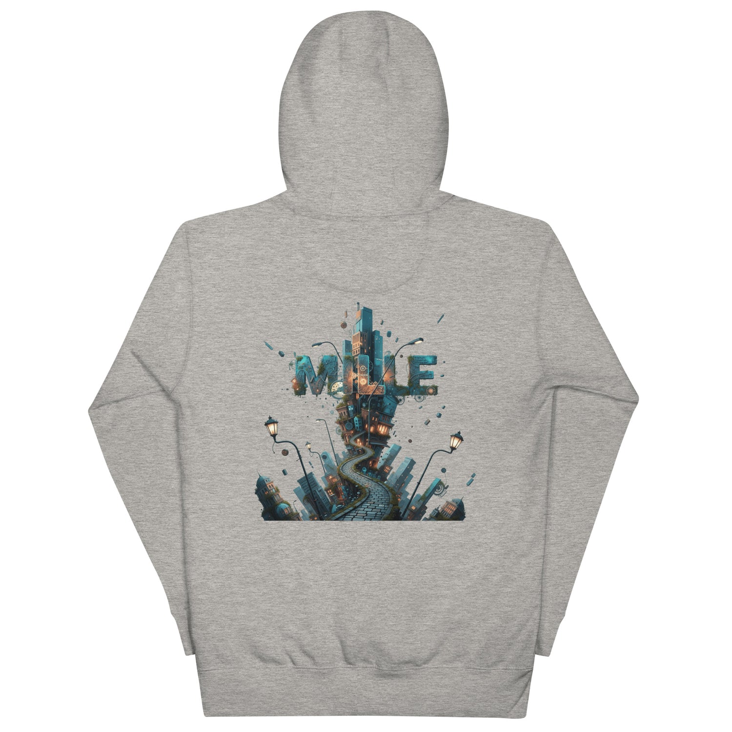 Sudadera con capucha MILLE METROPOLIS de color gris con el diseño de una ciudad fantástica en la espalda. Vista trasera.