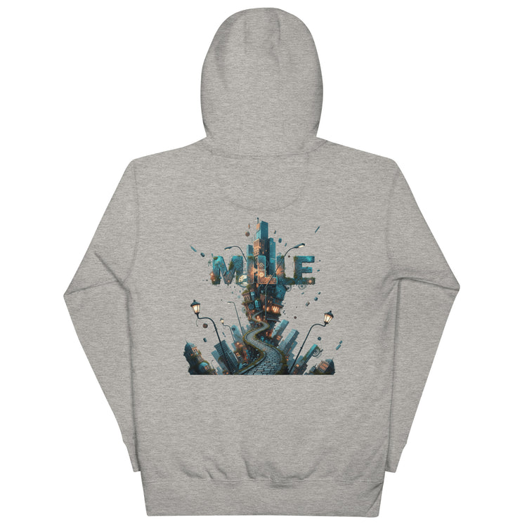 Sudadera con capucha MILLE METROPOLIS de color gris con el diseño de una ciudad fantástica en la espalda. Vista trasera.