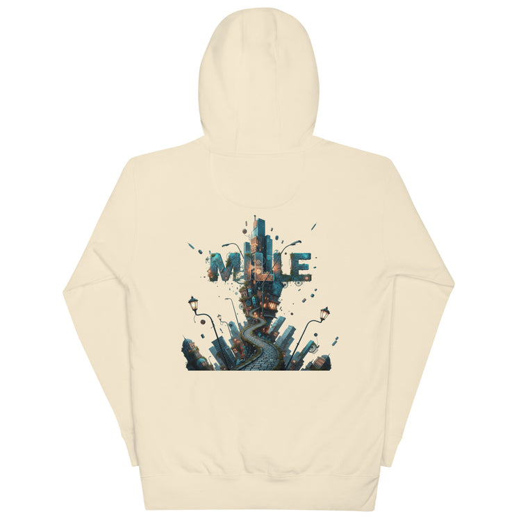 Sudadera con capucha MILLE METROPOLIS de color hueso con el diseño gráfico de la ciudad METROPOLIS en la espalda. Vista trasera.