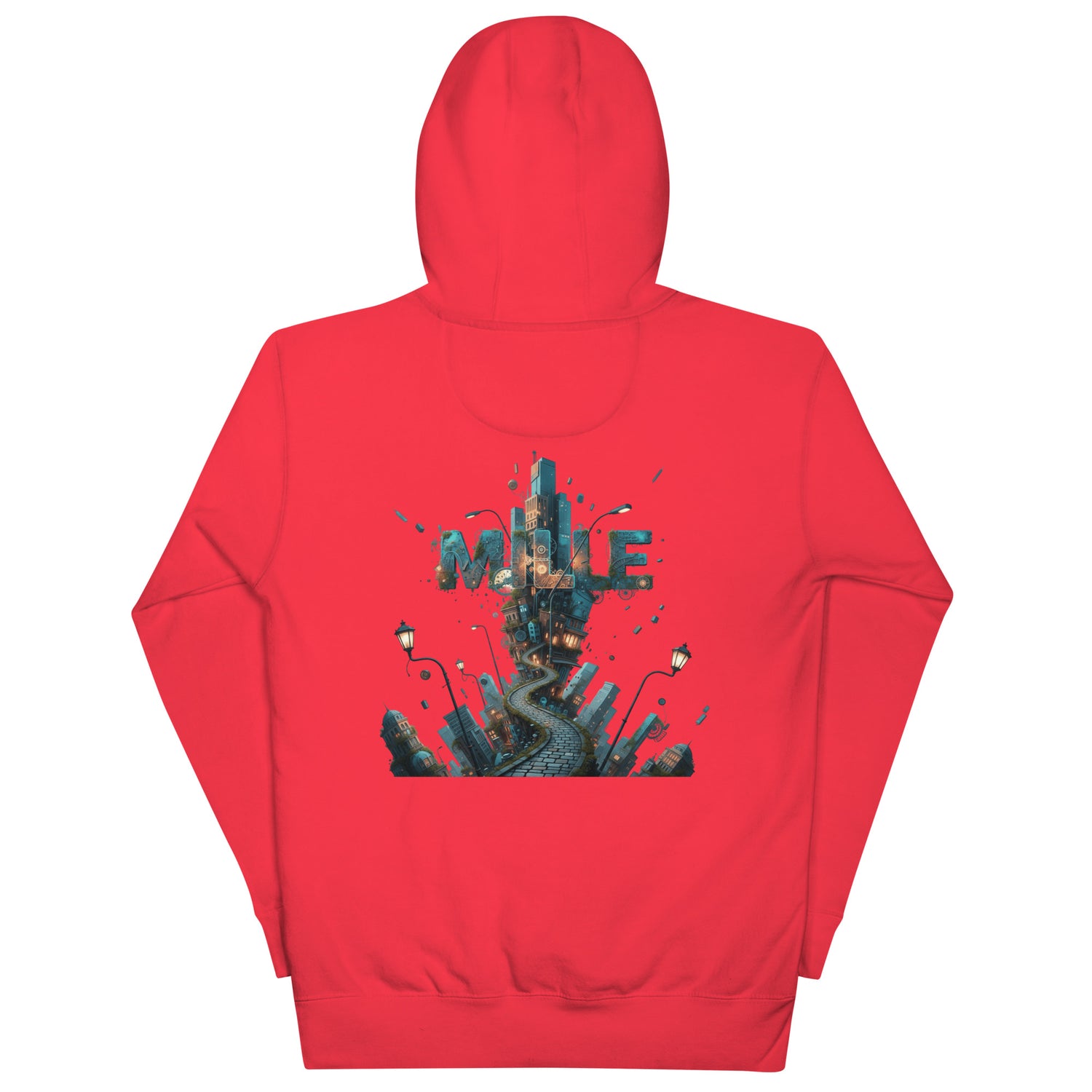 Sudadera con capucha MILLE METROPOLIS de color rojo con el diseño de la ciudad en la espalda. Vista trasera.